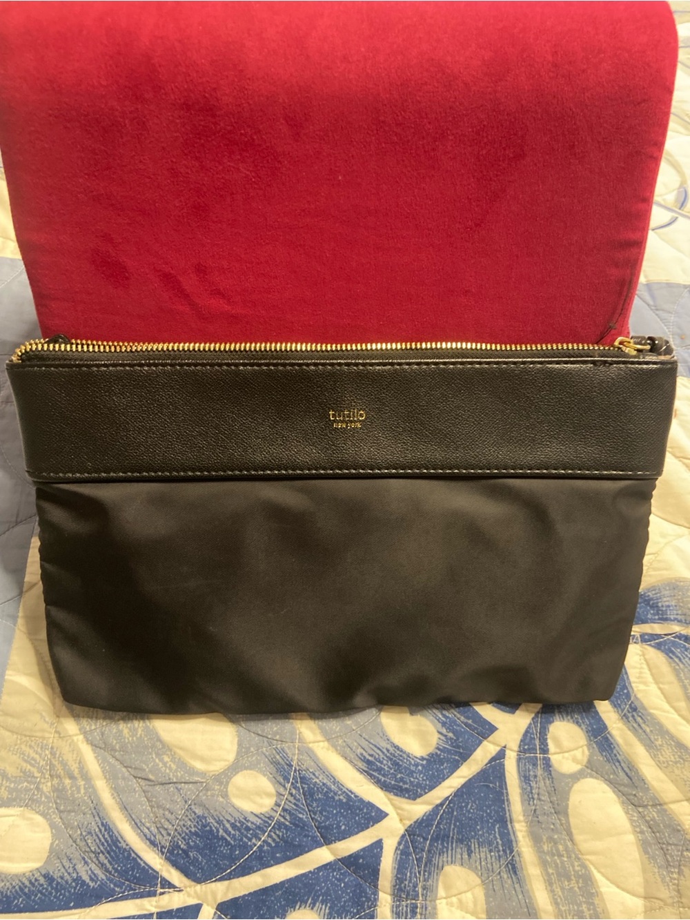 TUTILO Black Faux Leather Trim SLIM Clutch Bag